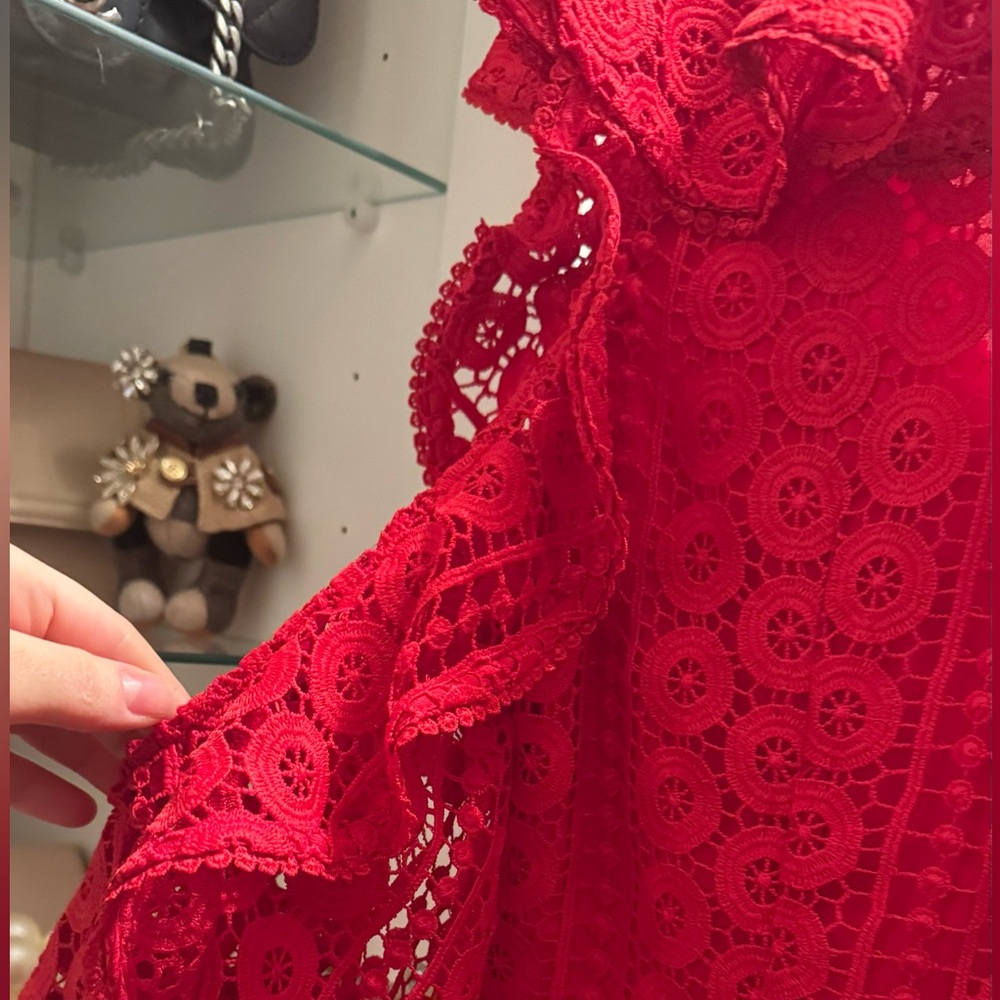 French Connection Lace Red Balloon Sleeve V-Neck Dress - Picture 7 of 13